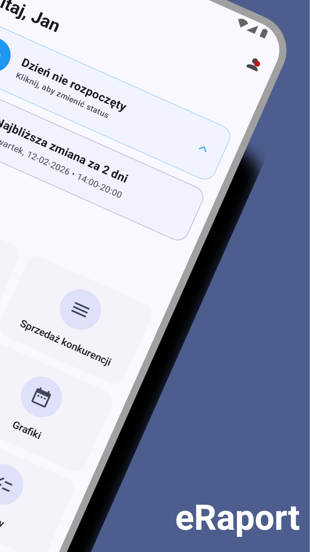 Ekran aplikacji eRaport ze statusem pracy i grafikiem